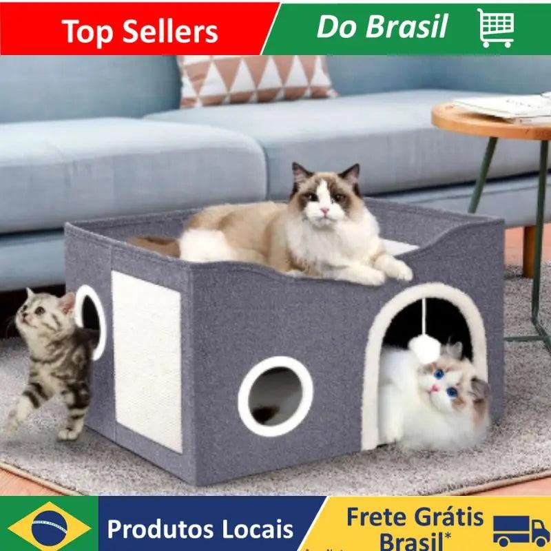 Casinha Gato Casa Cama Caminha Com Arranhador e Bolinha De Pelucia Para Gatos Pet 2 Andares Moderna