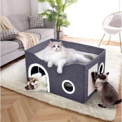 Casinha Gato Casa Cama Caminha Com Arranhador e Bolinha De Pelucia Para Gatos Pet 2 Andares Moderna