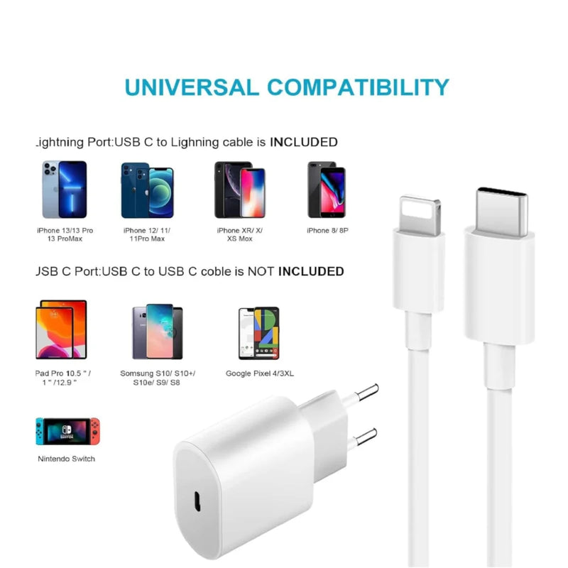 CARREGADOR PARA CELULAR COMPATIVEL COM IPHONE 20W CABO USB-C LIGHTINING