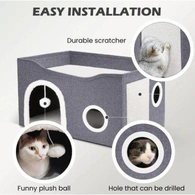 Casinha Gato Casa Cama Caminha Com Arranhador e Bolinha De Pelucia Para Gatos Pet 2 Andares Moderna