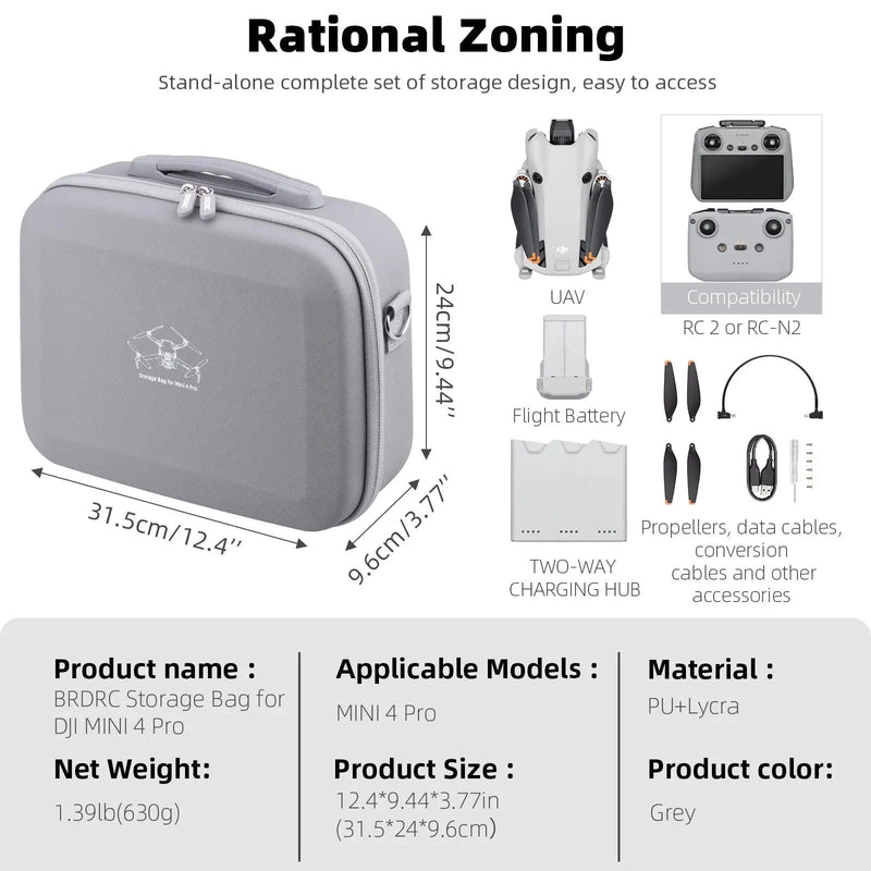 Mini 4 Pro RC 2 Case, Bolsa de armazenamento de couro PU portátil de grande capacidade para DJI Mini 4 Pro