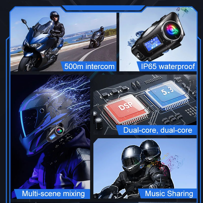 Capacete de motocicleta Bluetooth Intercom Headset LED Iluminação Estéreo Rádio FM IP65 À prova d'água Assistente de voz 500M Interfone