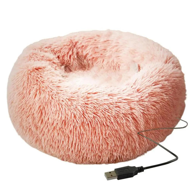 Cama redonda para cachorro, pelúcia macia, cama para animais de estimação, aquecimento USB, donut, camas redondas para cães, gatos, casa confortável, suprimentos para animais de estimação, acessórios