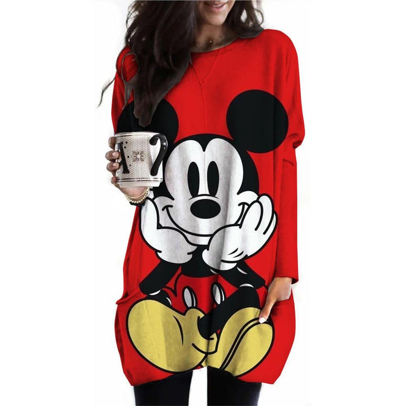 Camiseta feminina camiseta disney mickey mouse estampada nova manga comprida bolso casual roupas femininas tops vintage camiseta feminina