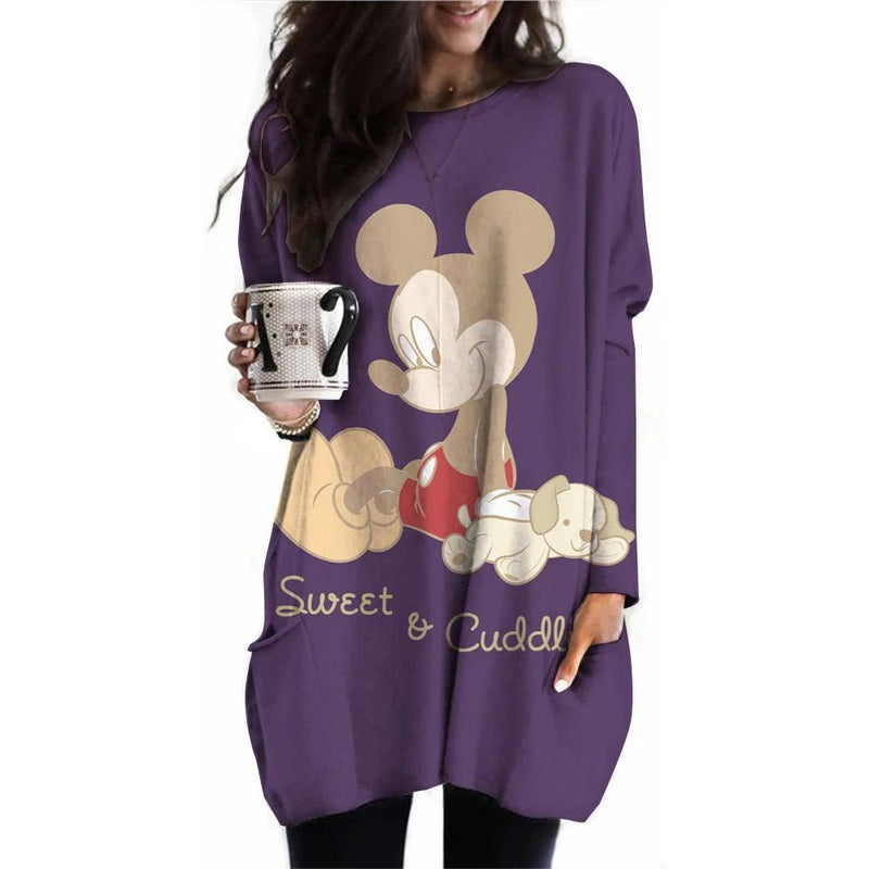 Camiseta feminina camiseta disney mickey mouse estampada nova manga comprida bolso casual roupas femininas tops vintage camiseta feminina