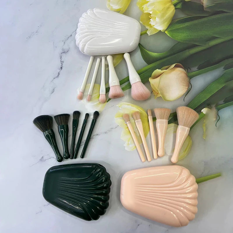 5Pcs Shell Portable Makeup Brush Set HD Mirror Soft Fiber Hair Beauty Tool Repair Brush Lip Brush Full Set Of Cosmetic Brush