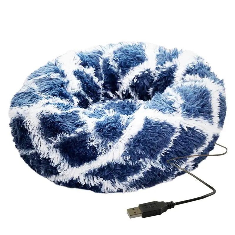 Cama redonda para cachorro, pelúcia macia, cama para animais de estimação, aquecimento USB, donut, camas redondas para cães, gatos, casa confortável, suprimentos para animais de estimação, acessórios