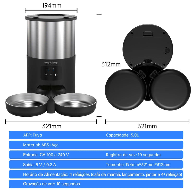 Alimentador para animais de estimação de 5L com microfone, alimentador automático para gatos, dispensador inteligente de comida para cães, temporizador WiFi, tigela de alimentação quantitativa de aço inoxidável