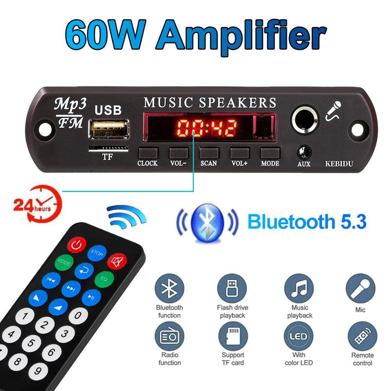 DC 12V Bluetooth 5.3 MP3 WMA APE Decoder Board 60W Amplifier Clock Time Display 6.5MM Mic Jack USB TF FM Radio Car Mp3 Player