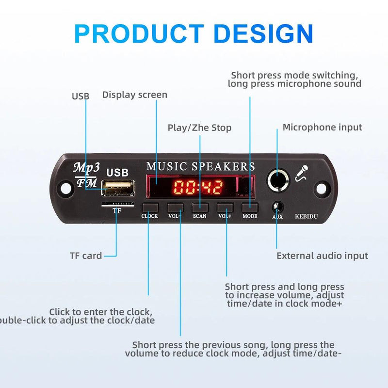 DC 12V Bluetooth 5.3 MP3 WMA APE Decoder Board 60W Amplifier Clock Time Display 6.5MM Mic Jack USB TF FM Radio Car Mp3 Player