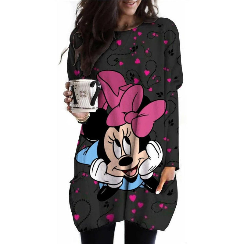 Camiseta feminina camiseta disney mickey mouse estampada nova manga comprida bolso casual roupas femininas tops vintage camiseta feminina