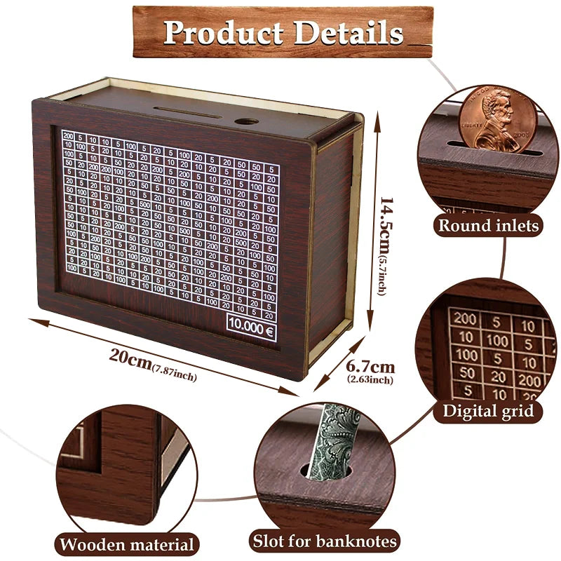 Euro Cofrinho de Madeira Cofre de Dinheiro Caixa de Poupança Desafio Caixa de Armazenamento de Dinheiro