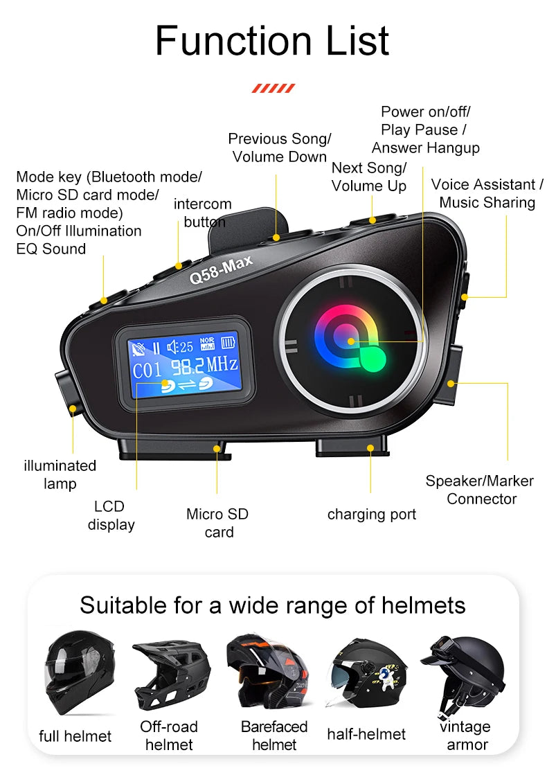 Capacete de motocicleta Bluetooth Intercom Headset LED Iluminação Estéreo Rádio FM IP65 À prova d'água Assistente de voz 500M Interfone