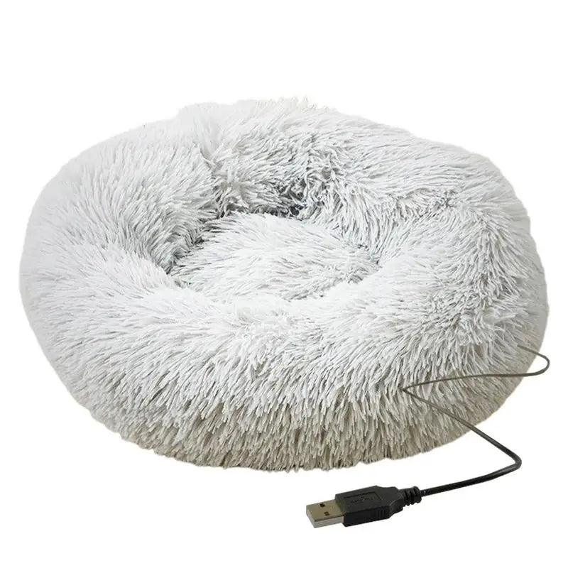 Cama redonda para cachorro, pelúcia macia, cama para animais de estimação, aquecimento USB, donut, camas redondas para cães, gatos, casa confortável, suprimentos para animais de estimação, acessórios