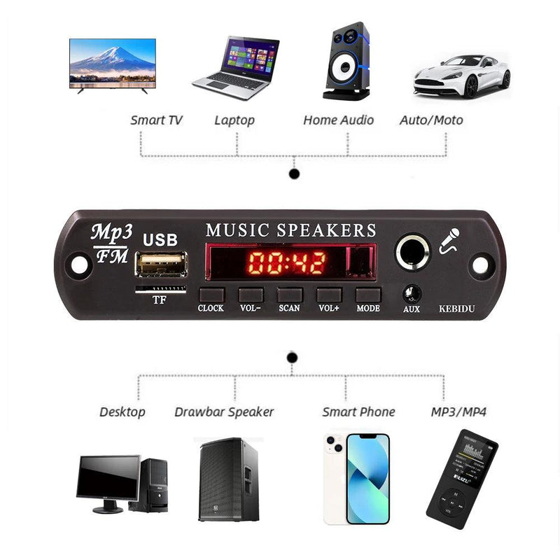 DC 12V Bluetooth 5.3 MP3 WMA APE Decoder Board 60W Amplifier Clock Time Display 6.5MM Mic Jack USB TF FM Radio Car Mp3 Player