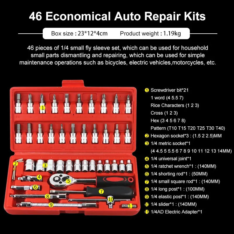 Kit de ferramentas de reparo de carro 46 peças, conjunto de soquetes de 1/4 de polegada