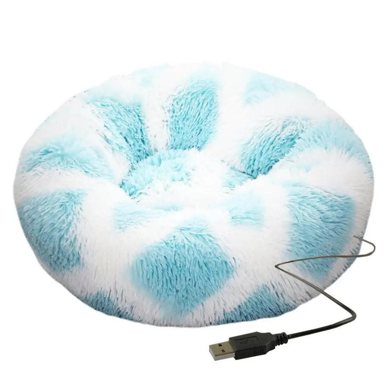 Cama redonda para cachorro, pelúcia macia, cama para animais de estimação, aquecimento USB, donut, camas redondas para cães, gatos, casa confortável, suprimentos para animais de estimação, acessórios