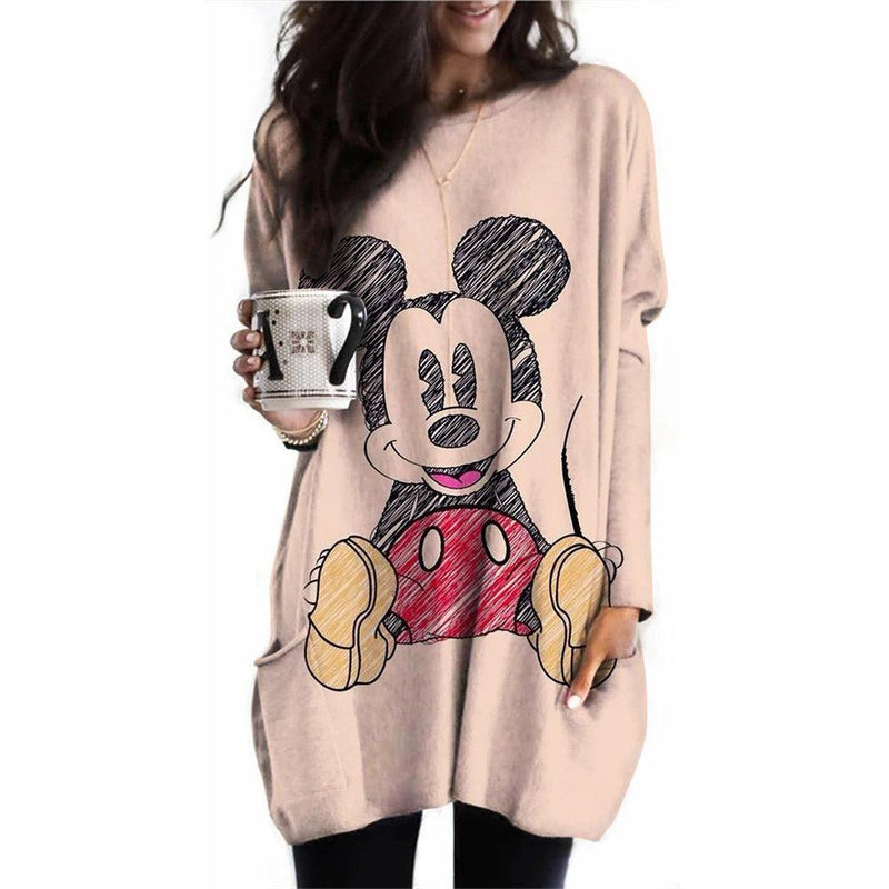 Camiseta feminina camiseta disney mickey mouse estampada nova manga comprida bolso casual roupas femininas tops vintage camiseta feminina