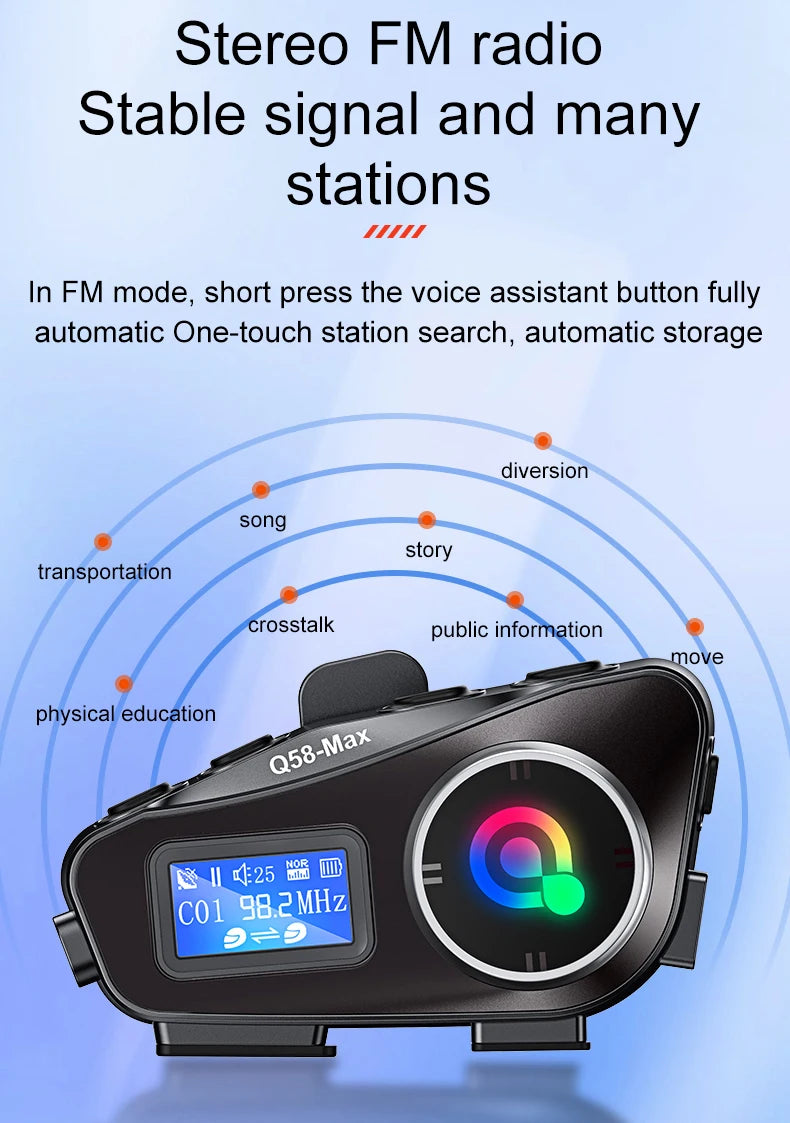 Capacete de motocicleta Bluetooth Intercom Headset LED Iluminação Estéreo Rádio FM IP65 À prova d'água Assistente de voz 500M Interfone