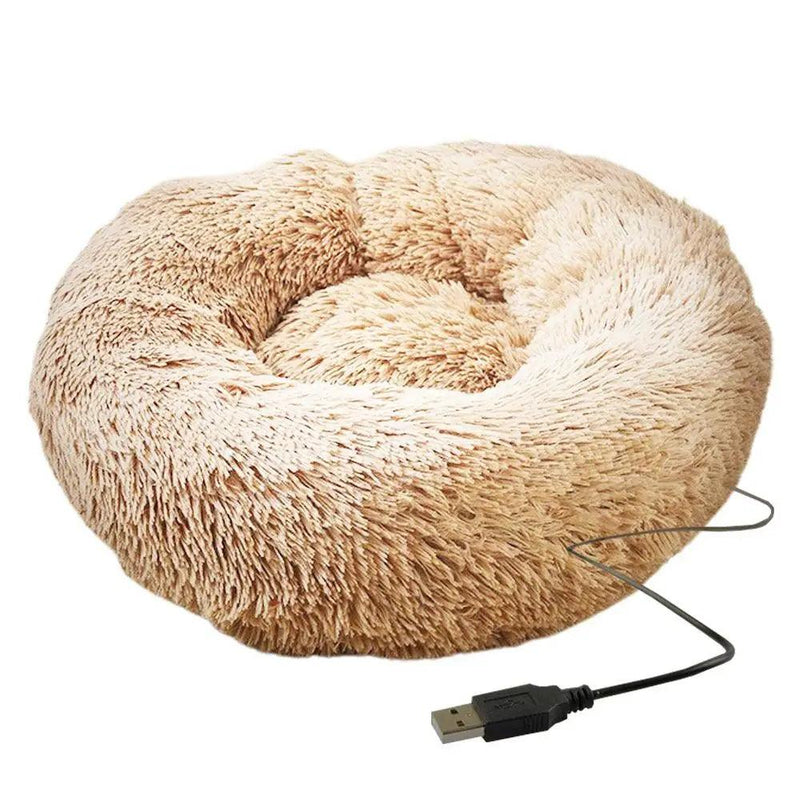 Cama redonda para cachorro, pelúcia macia, cama para animais de estimação, aquecimento USB, donut, camas redondas para cães, gatos, casa confortável, suprimentos para animais de estimação, acessórios