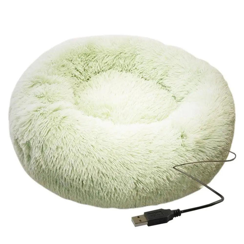 Cama redonda para cachorro, pelúcia macia, cama para animais de estimação, aquecimento USB, donut, camas redondas para cães, gatos, casa confortável, suprimentos para animais de estimação, acessórios