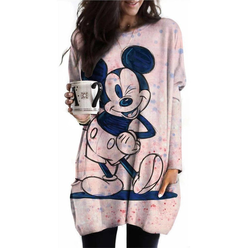 Camiseta feminina camiseta disney mickey mouse estampada nova manga comprida bolso casual roupas femininas tops vintage camiseta feminina