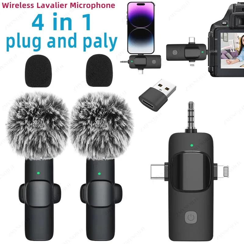 Microfone de lapela sem fio 4 em 1 3,5 mm microfone inteligente com redução de ruído para iPhone Android SLR câmera alto-falante rádio alto-falante