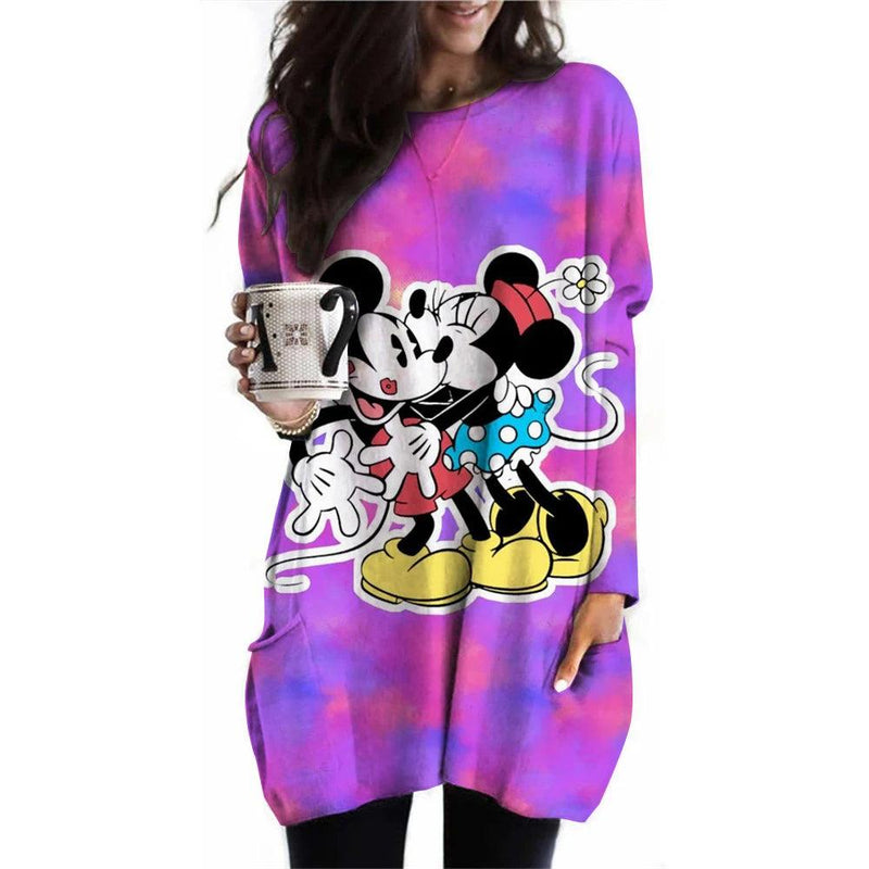 Camiseta feminina camiseta disney mickey mouse estampada nova manga comprida bolso casual roupas femininas tops vintage camiseta feminina