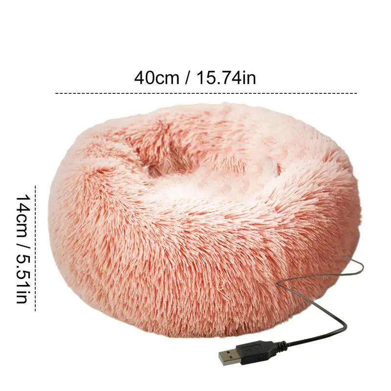 Cama redonda para cachorro, pelúcia macia, cama para animais de estimação, aquecimento USB, donut, camas redondas para cães, gatos, casa confortável, suprimentos para animais de estimação, acessórios