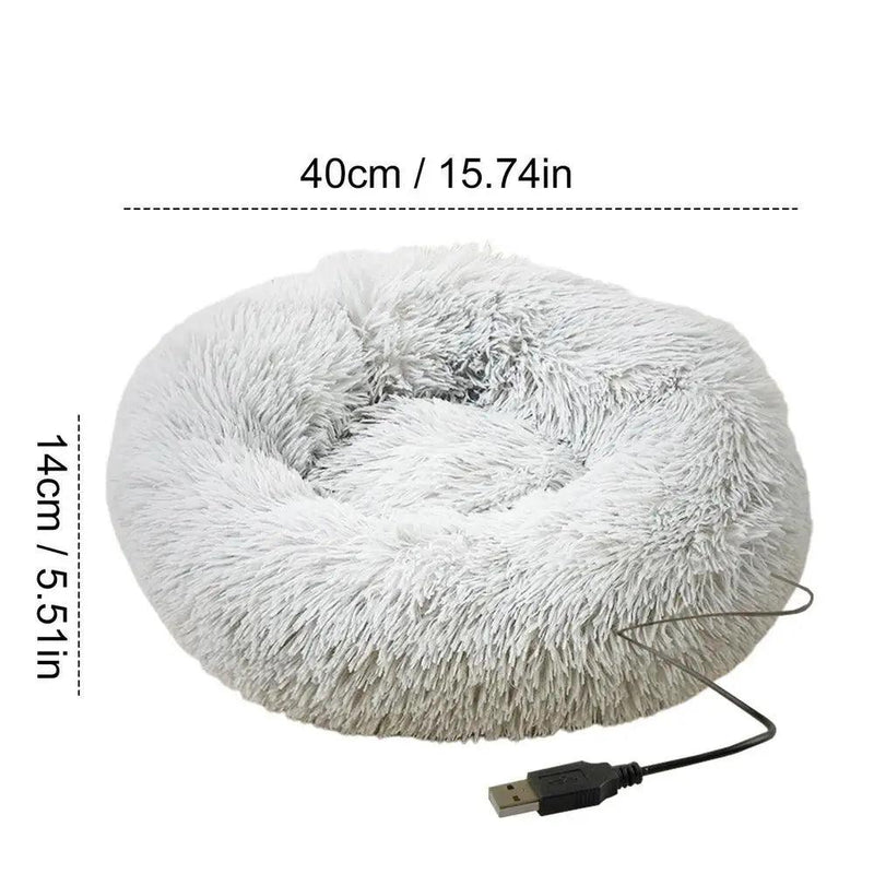 Cama redonda para cachorro, pelúcia macia, cama para animais de estimação, aquecimento USB, donut, camas redondas para cães, gatos, casa confortável, suprimentos para animais de estimação, acessórios