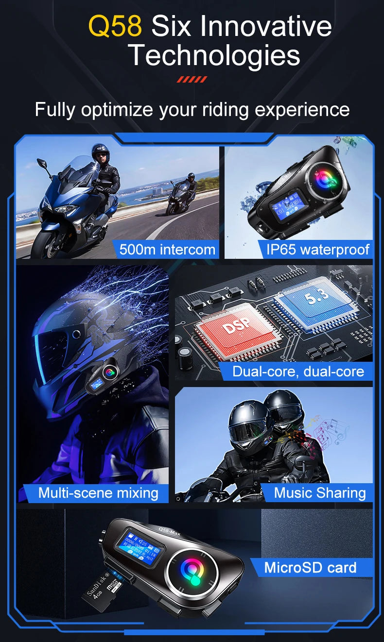 Capacete de motocicleta Bluetooth Intercom Headset LED Iluminação Estéreo Rádio FM IP65 À prova d'água Assistente de voz 500M Interfone