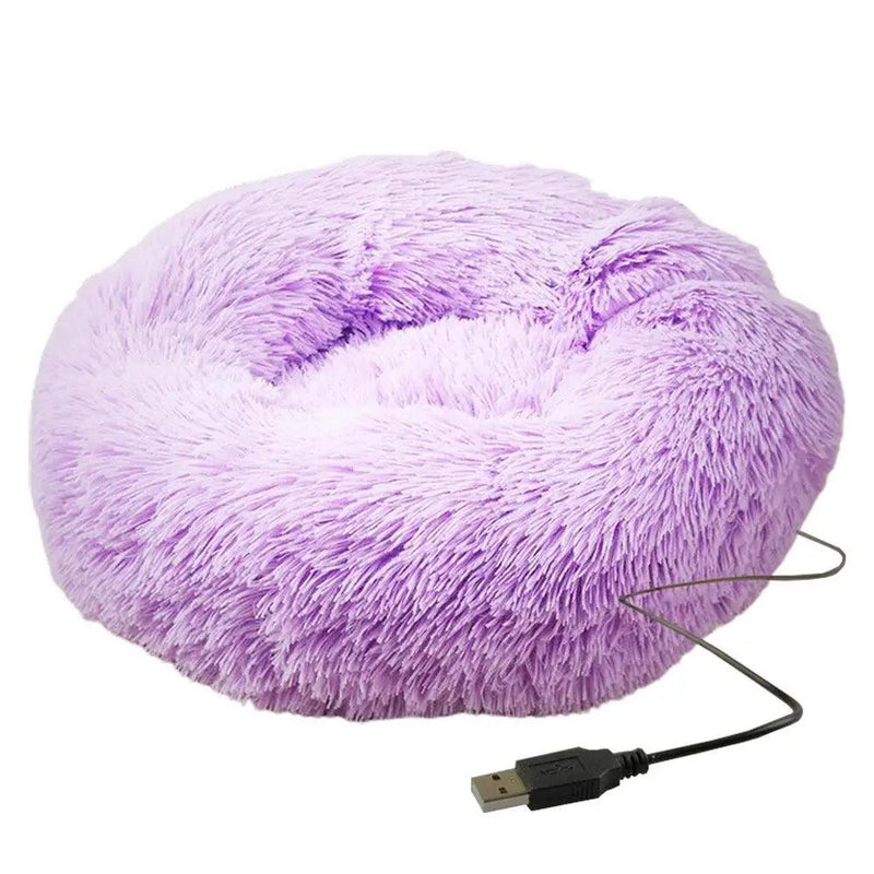 Cama redonda para cachorro, pelúcia macia, cama para animais de estimação, aquecimento USB, donut, camas redondas para cães, gatos, casa confortável, suprimentos para animais de estimação, acessórios