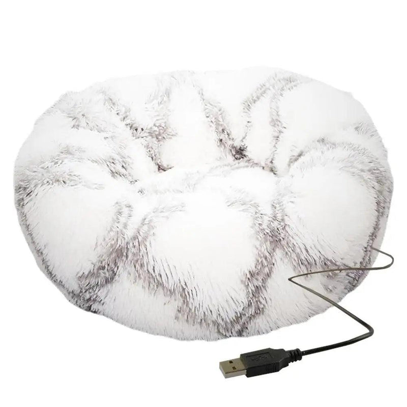 Cama redonda para cachorro, pelúcia macia, cama para animais de estimação, aquecimento USB, donut, camas redondas para cães, gatos, casa confortável, suprimentos para animais de estimação, acessórios